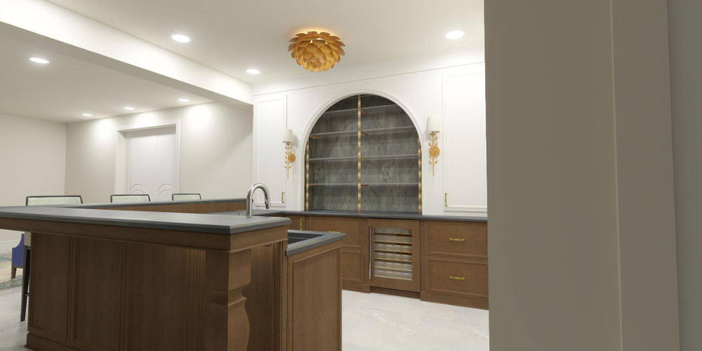 Modern bar area with wood cabinetry, arched shelving, and gold accents under recessed lighting.