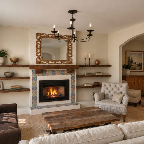 Spanish Revival living room in Calgary with a tiled fireplace, dark wood floating shelves, arched opening and warm layered furnishings designed by Room Service Interiors.